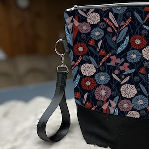 Medium sized knitting bag in blue wild flower print for light sweaters, shawls or other multi-skein projects