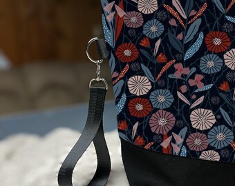 Medium sized knitting bag in blue wild flower print for light sweaters, shawls or other multi-skein projects