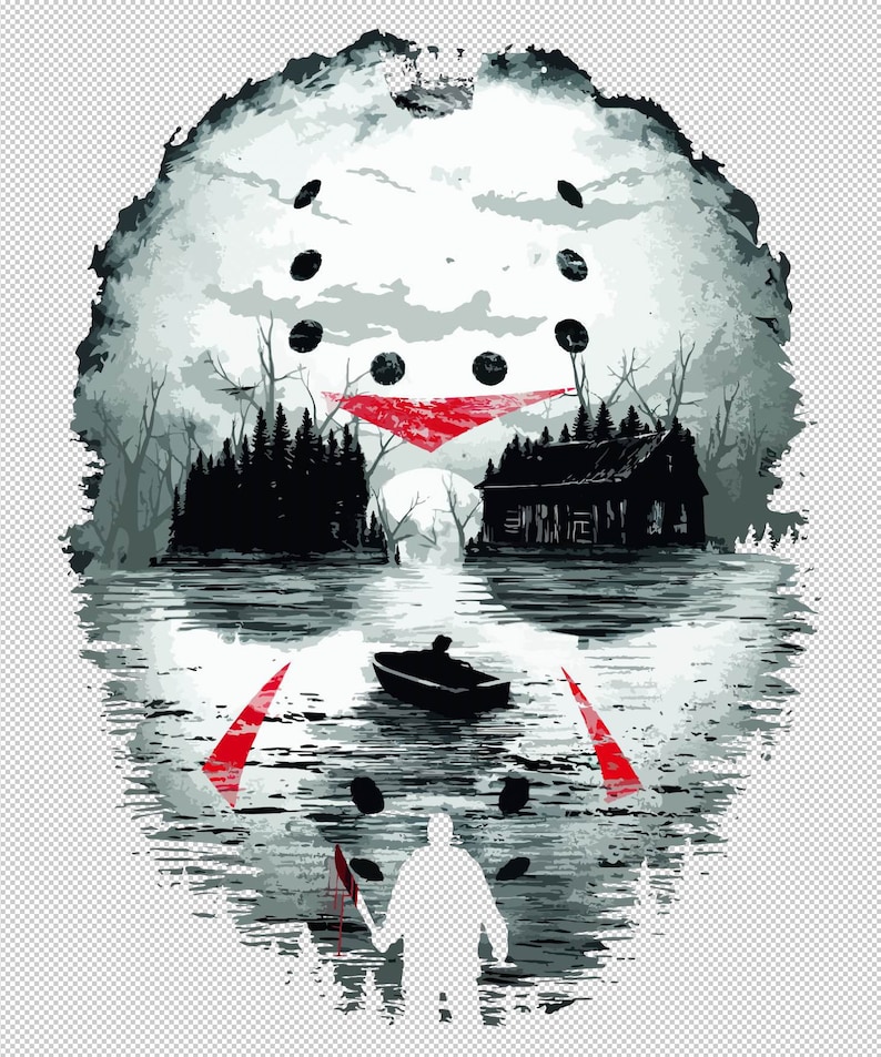 May include: A digital illustration of a hockey mask with a red bandana, a cabin, and a boat on a lake. The mask is partially obscured by the water and the cabin. The image is in a dark, moody style.