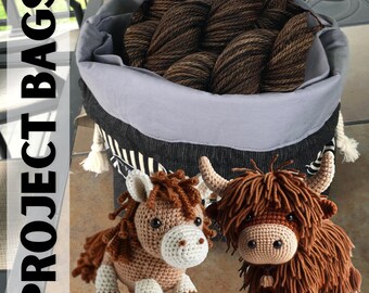 Bolsas para proyectos de amigurumi, bolsa grande de algodón y lona con cordón y bolsillos deslizantes internos.