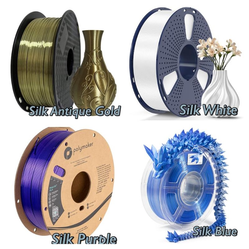 May include: Four spools of filament for 3D printing. The spools are labeled "Silk Antique Gold", "Silk White", "Silk Purple", and "Silk Blue".