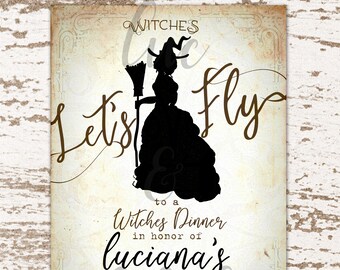 Witches, Let's Fly!  Witch Invitation / Fancy Witch Invitation / Vintage Witch Invitation / Pretty Witch Invitation / Witch Party Invitation