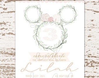 Boho Floral Minnie Mouse Invitation / Floral Crown Minnie Mouse Invitation / Boho Mini Mouse / Floral Wreath Minnie Mouse / Disney Invite