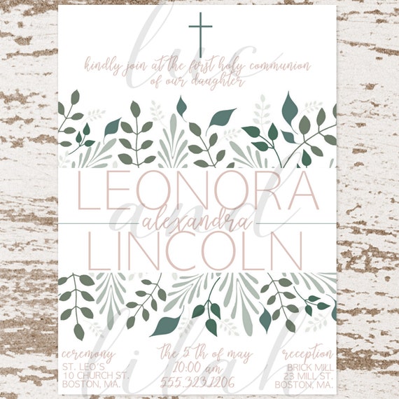 Greens First Communion Invitation / Blush and Green First Communion Invitation / Girls First Communion Invitation / Modern Floral Invitation Il_570xn