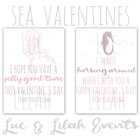 Sea Creature Valentines / Kids Printable Valentine's Day Cards / Jellyfish Valentine / Seahorse Valentine / Instant Download Valentine Il_570xn