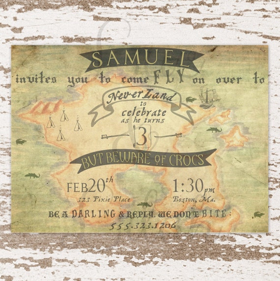 Vintage Never Land Map Invitation / Neverland Invitation / Peter Pan Invitation / Jake and the Never Land Pirates Party Invitation Il_570xn