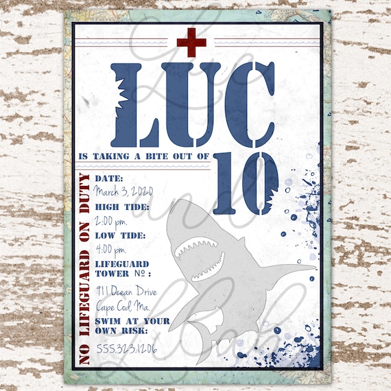 Shark Attack Invitation / Vintage Shark Poster Invitation / Beach Party Invitation / Shark Invitation / Surfer Invitation / Lifeguard Party Il_570xn
