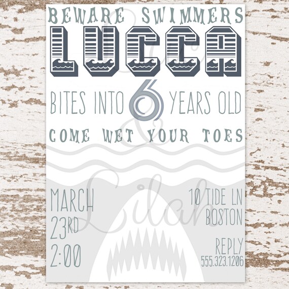 Beware Swimmers! Shark Party Invitation / Boys Beach Party Invitation Il_570xn