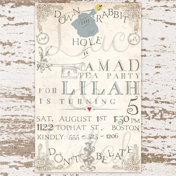 Down the Rabbit Hole - Alice in Wonderland / Mad Tea Party Invitation Il_570xn