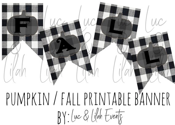 Buffalo Check Fall Banner / Printable Fall Banner / Pumpkin Banner / Black and White Fall Banner / Black and White Pumpkin Banner Il_570xn