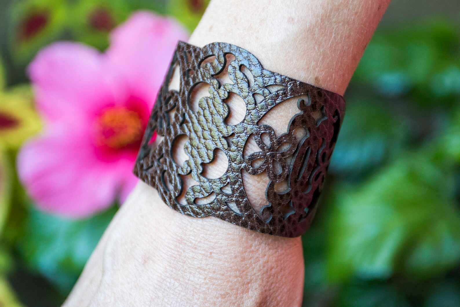Laser Cut Leather Bracelet Cuff With Ornate Lace Design Etsy