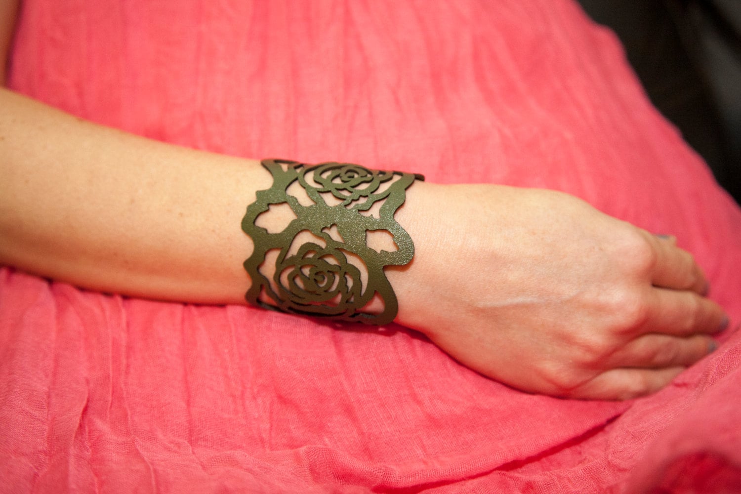 Laser Cut Leather Bracelet Cuff With Roses Design Etsy