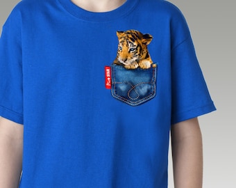 Pet (Little Tiger)in a jean pocket T-Shirts,baby tiger, fun kids tshirts, couple tee, tiger, animal tshirts, cute t-shirts