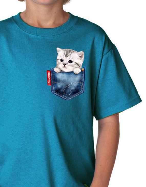 Pet White Cat Short Hair Cat In A Jean Pocket T Shirts Etsy
