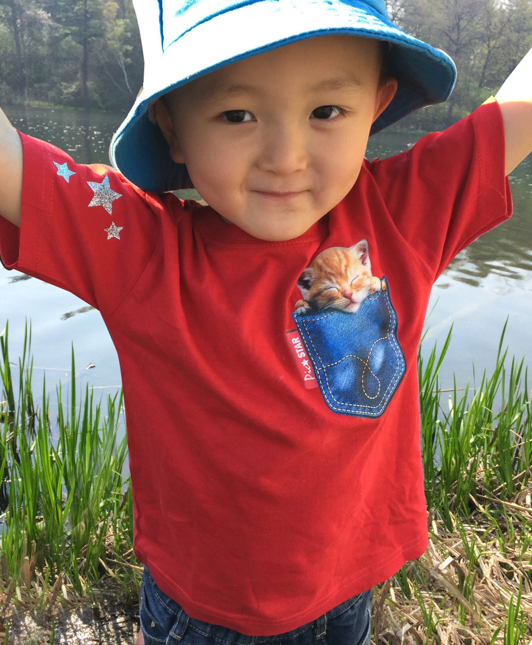 Cat sleeping Cat in a Jean Pocket Tshirts Kids Tee Cat Etsy