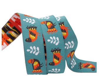 Renaissance Ribbons - Small Folk Birds on Slate by Dinara Mirtalipova - 7/8 inch wide by 2 yards long