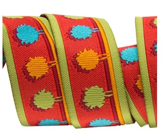 Renaissance Ribbons - Multi Colored POM POMS On Red - 7/8 inch wide by 2 yards long