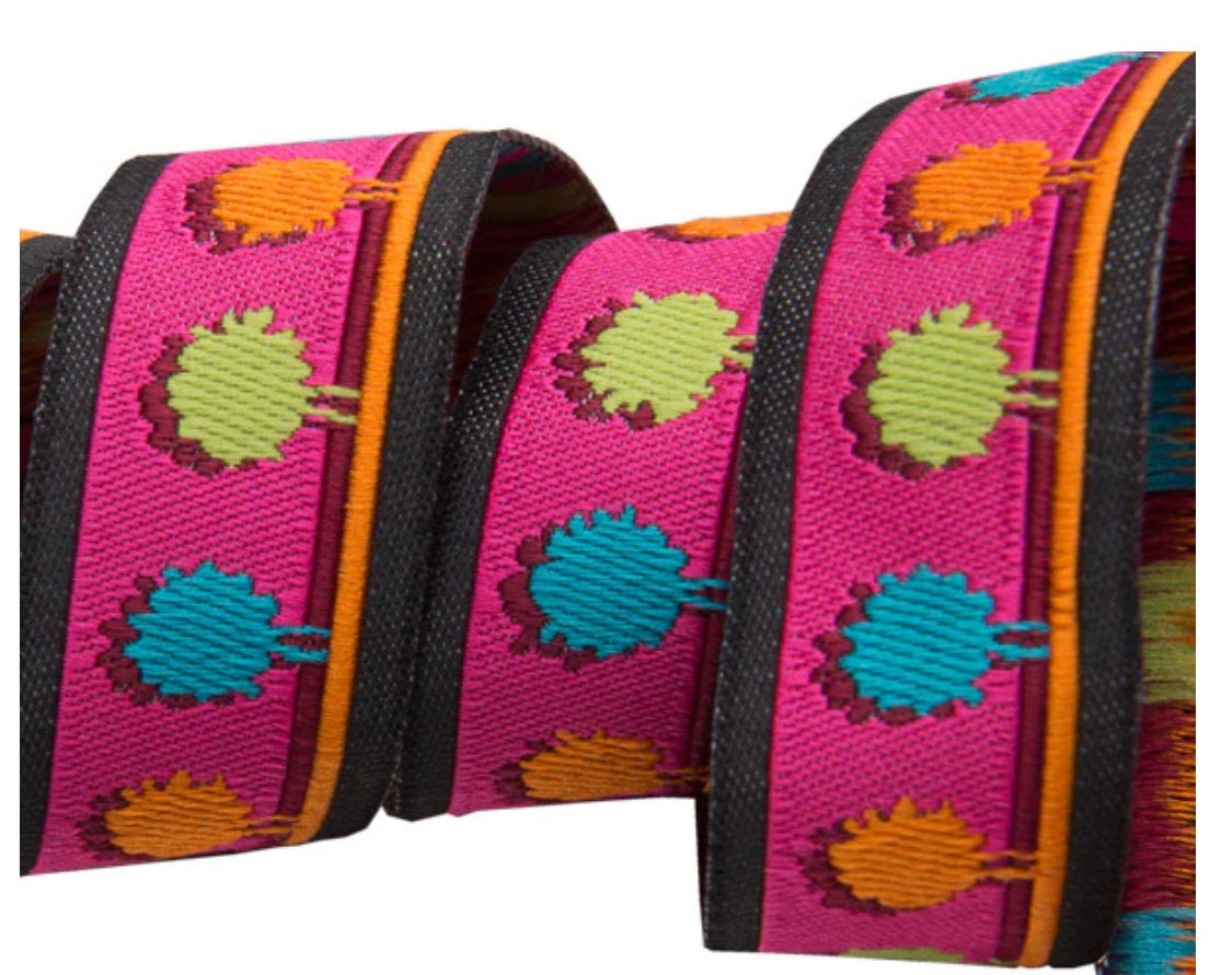 Renaissance Ribbons - Multi Colored POM POMS On Hot Pink - 7/8 inch wide by 2 yards long