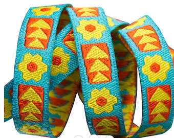 Renaissance Ribbons - Hex Flower on Blue by Sue Spargo - 3/8 inch wide by 2 yards long
