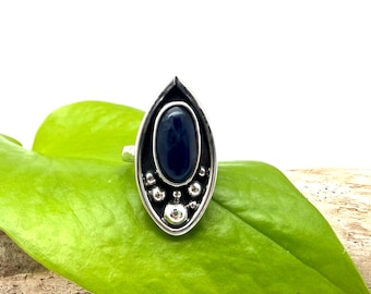 Lapis Lazuli Silver Ring, Size 7, 925 Sterling, Long Marquee, Artisan Beaded