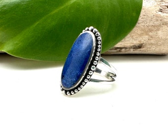 Oval Lapis Lazuli Ring, 925 Sterling Silver Beaded Statement Ring