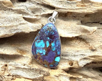 Turquoise Oyster Shell Pendant, Natural Blue Purple Copper, 925 Sterling Silver