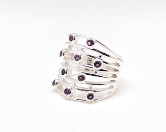 Multi Stone Amethyst Silver Ring // Wide Silver Amethyst Ring // Amethyst Ring // 925 Sterling Silver // Size 7