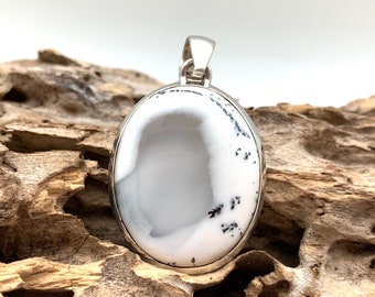 Oval Dendritic Agate Pendant, Sterling Silver Picture Stone