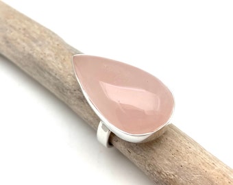 Rose Quartz Silver ring Adjustable 7-9 // 925 Sterling Silver // 30mm Teardrop Natural Rose Quartz Ring