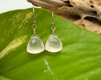 Pink Quartz Gold Earrings, Gold Filled, Simple Trillion Cut, Natural Rose Quartz, Dangly, Collector Grade, Gift for Her