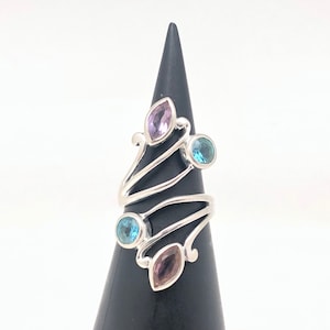 Multi-Stone Amethyst Blue Topaz Silver Ring // Wrap Around Setting // 925 Sterling Silver // Size 7, 8