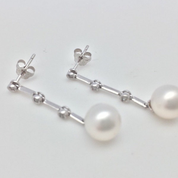 Pearl Drop Earrings with Genuine Diamond Accents // 14k White Gold Setting // Luxe Freshwater Pearls