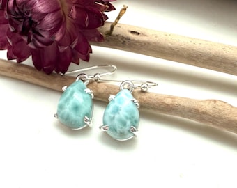Larimar Silver Drop Earrings 12mm / Simple Larimar Teardrop Dangly /Natural Blue Larimar / Sterling 925 / Actual Piece