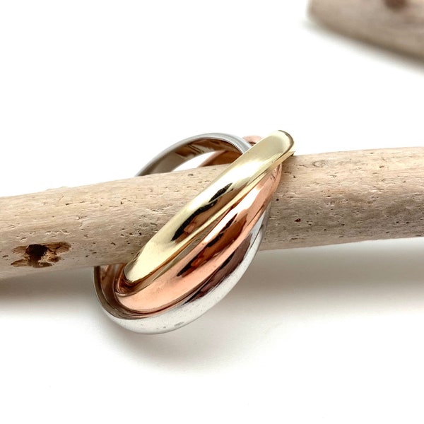 Silber Tri Color Rolling Ring 3mm 5-10 / Silber Gold Rose Gold Inter Linked Ring / Mix Color Multi Ring /925 Sterling Silber