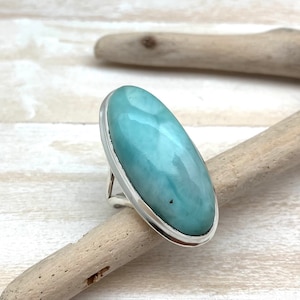 Larimar Silver Ring size 9 / Larimar Oval Stone Silver Statement Ring / Natural Larimar / Smooth Larimar Size 9 / 925 Sterling Silver