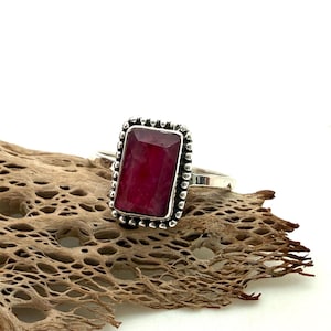 Ruby Rectangle Ring, 925 Sterling, Silver Pink Ruby, Beaded, Everyday Ring, Gift for Her
