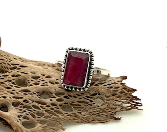 Ruby Rectangle Ring, 925 Sterling, Silver Pink Ruby, Beaded, Everyday Ring, Gift for Her