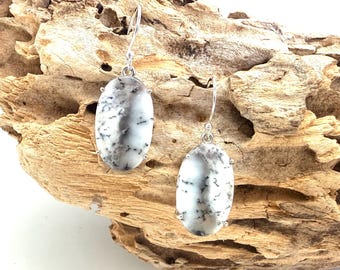Dendrite Opal Silver Earrings // Silver Dendritic Agate // Oval Minimalist // 925 Sterling silver