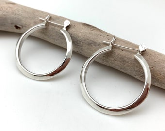 Sterling Silver Snap Hoop Earrings - 30mm Polished Silver Hoops
