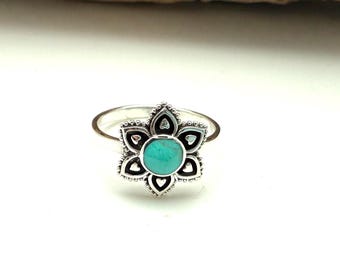 Sterling Silver Turquoise Flower Ring, Boho Style