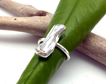 White Long Pearl Silver Ring size 8 / Biwa Pearl Silver Ring 20mm / 925 Sterling Silver