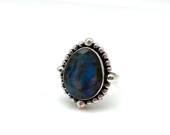 Labradorite Silver Ring Size 9 - Silver Labradorite Ring - Blue Labradorite Ring - Blue Labradorite Stone Ring - Bali - 925 Sterling Silver