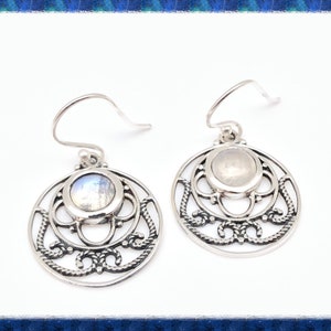 Rainbow Moonstone Earrings, Circular Rope Setting, Sterling Silver, Silver Moonstone Earrings