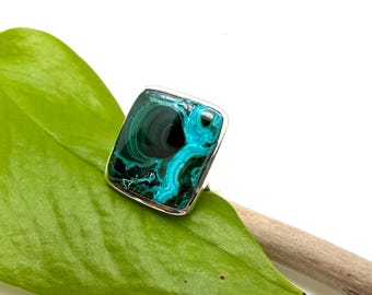 Chrysocolla Malachite Silver Ring - 925 Sterling - Size 9 - Geometric Square