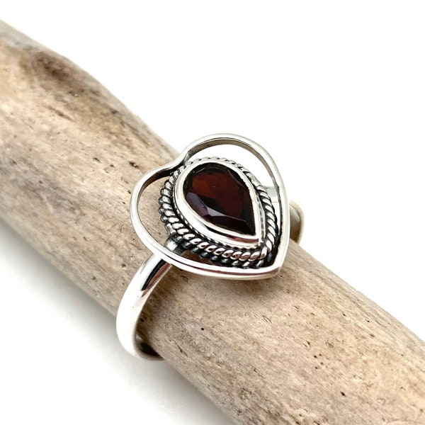 Red Garnet Ring // 925 Sterling Silver // Red Garnet Heart Ring // Bali Garnet Ring 5, 6, 7, 8, 9