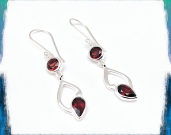 Sterling Silver Garnet Drop Earrings - Dangly 2.1 Inch Dangle
