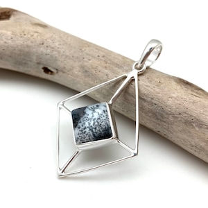 Dendritic Agate Opal Pendant - Dendrite Opal Geometric Diamond - Dendritic Agate - Black and White - Calligraphy - 925 Sterling
