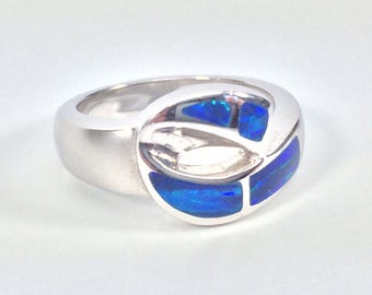 Blue Opal Inlay Ring // Matte Rhodium Finish // Sterling Silver // Lab Created Opal Ring // Sterling Opal Ring // Size 7