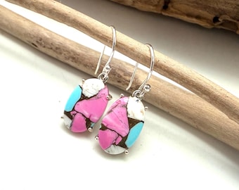 Turquoise Oyster Shell Earrings, Natural Blue Pink White, Mohave Cotton Candy, 925 Sterling Silver