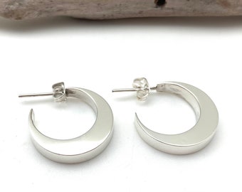 Silver Crescent Moon Earrings / Silver Post Hoops 20mm / Moon Shape Silver Hoops / Handmade Hoops / Sterling Silver